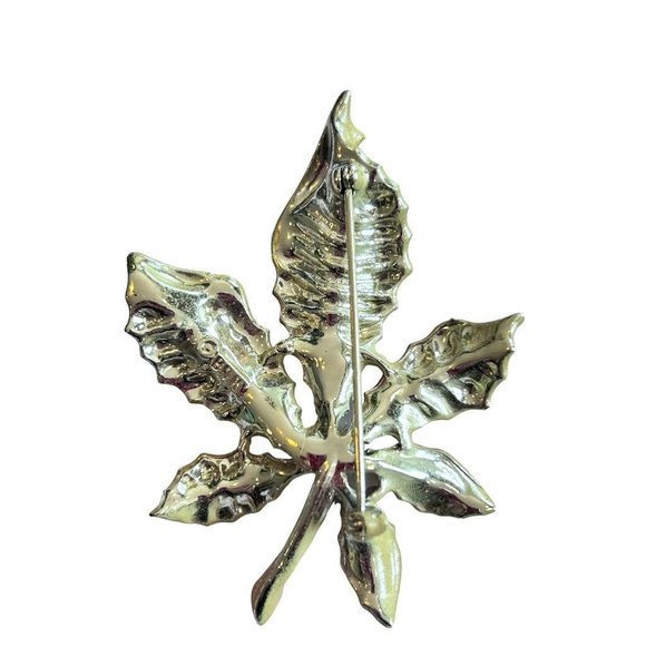 Vintage Signed BSK Goldtone Leaf Brown Painted Rhinestone Detail 2 3/4" - Picture 5 of 5